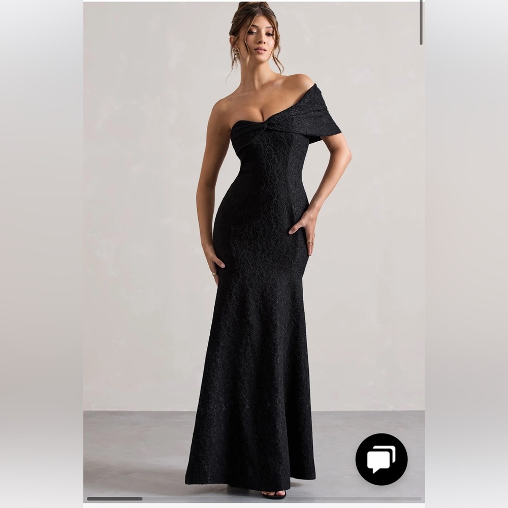 Club L London Masquerade Black Lace Twisted Bardot Maxi Dress Gown Off Shoulder